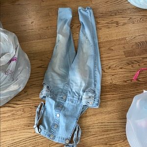 light blue denim overalls